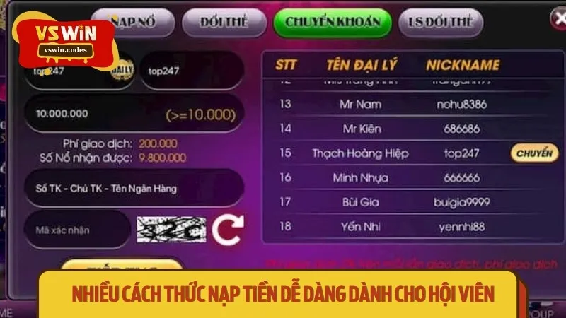 Nhiều cách thức nạp tiền dễ dàng dành cho hội viên